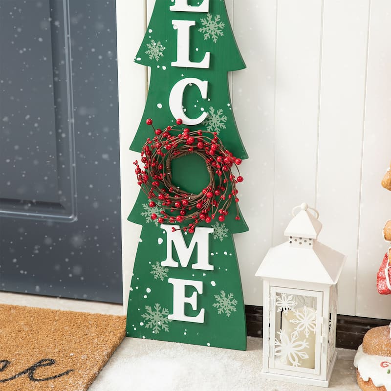 Glitzhome 42"H Christmas Wooden "WELCOME" Porch Sign with Wreath - Green - 42"
