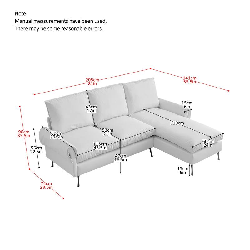 Modern 81" L-Shaped Sofa with Technical Leather Upholstery, Reversible Chaise Lounge