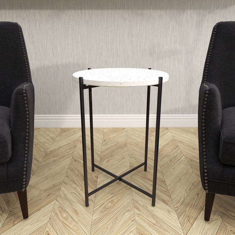 Terrazzo Stone Accent Table with Black Metal X-Stand - White - Roche River Decor