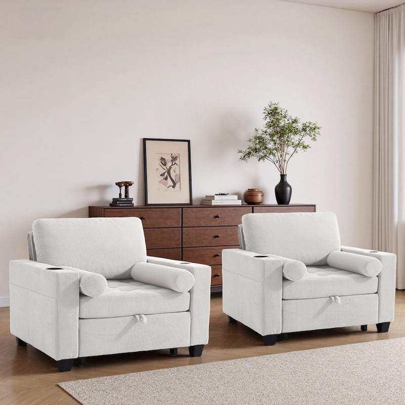 Corduroy Upholstered Accent Chair Convertible Sleeper Chair Set of 2