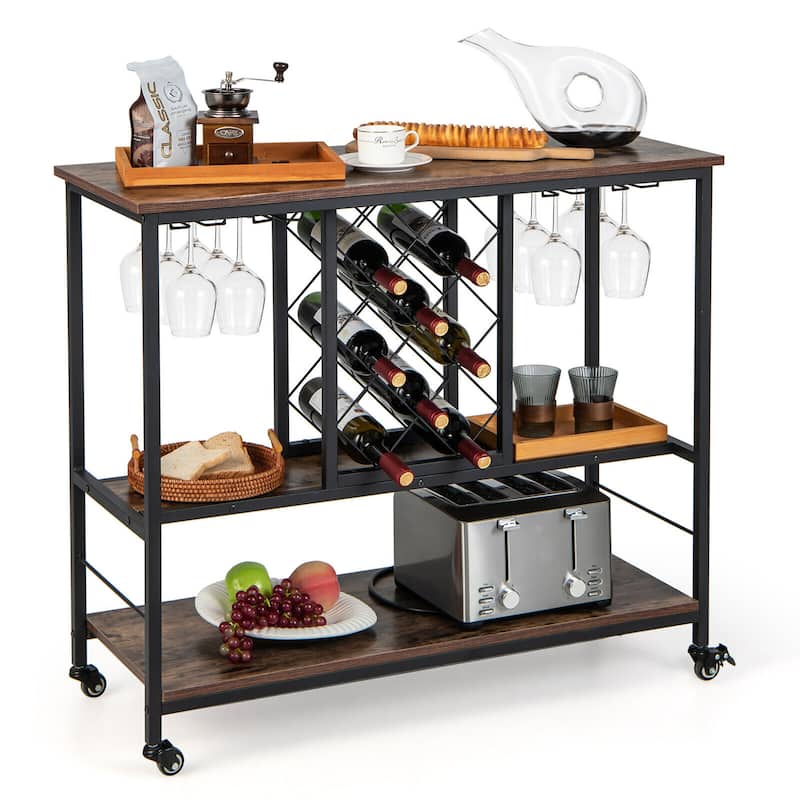 Gymax Industrial Liquor Bar Cart Rolling Kitchen Serving Cart w/ Wine - Kitchen Cart - Rustic Brown,Black