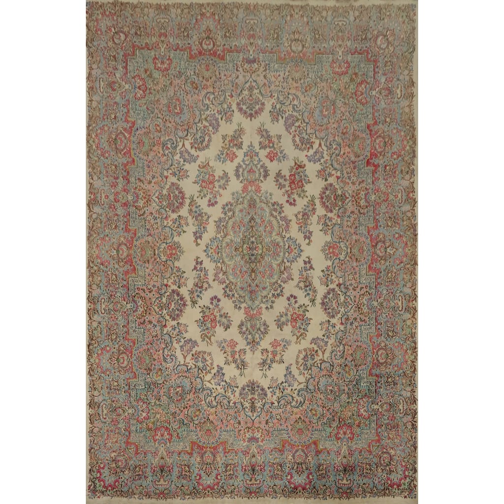 Hand Knotted Oriental 100% Wool Carpet Traditional Floral Beige & Ivories Kerman Area Rug - 13' 3'' X 9' 11''