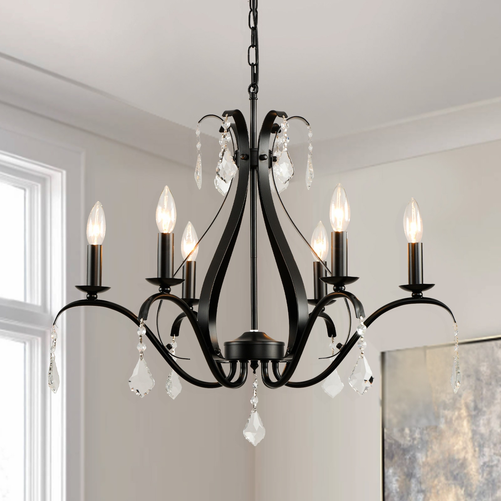 28.5 Inch French Country Chandelier - 6-Light Farmhouse Dining Room Fixture With Adjustable Height, Wood Accents