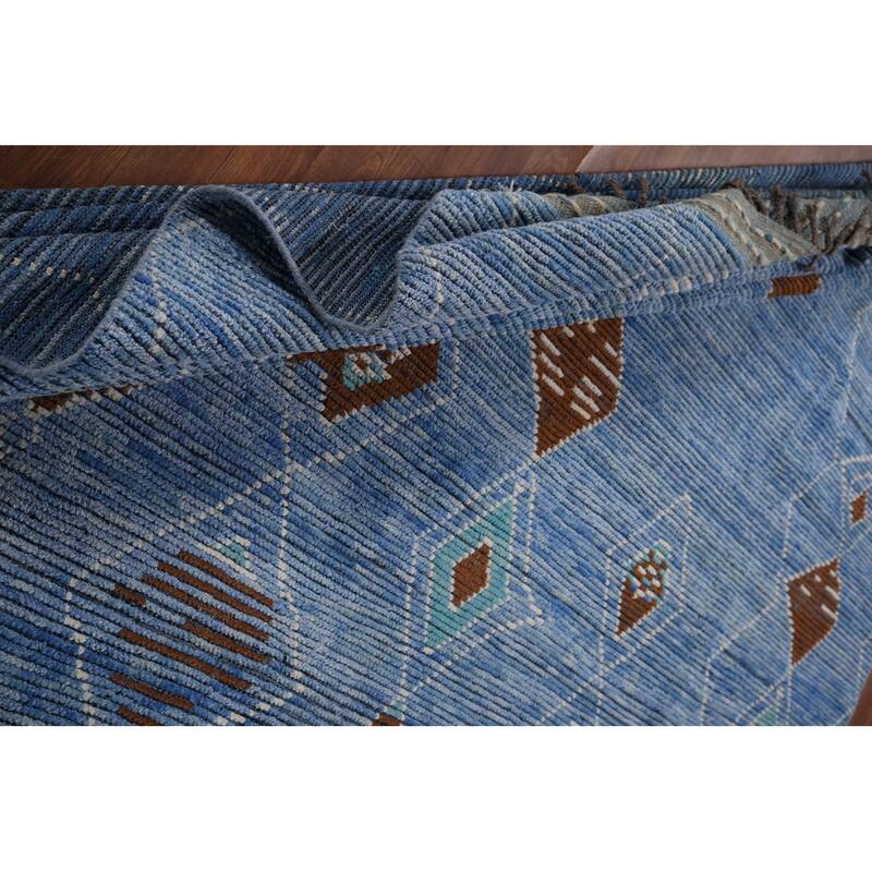 Blue Geometric Moroccan Area Rug Hand-Knotted Wool Carpet - 8'7"x 12'2"