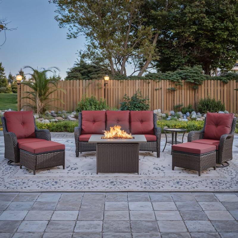 7 Piece Wicker Furniture with Fire Pit Table
