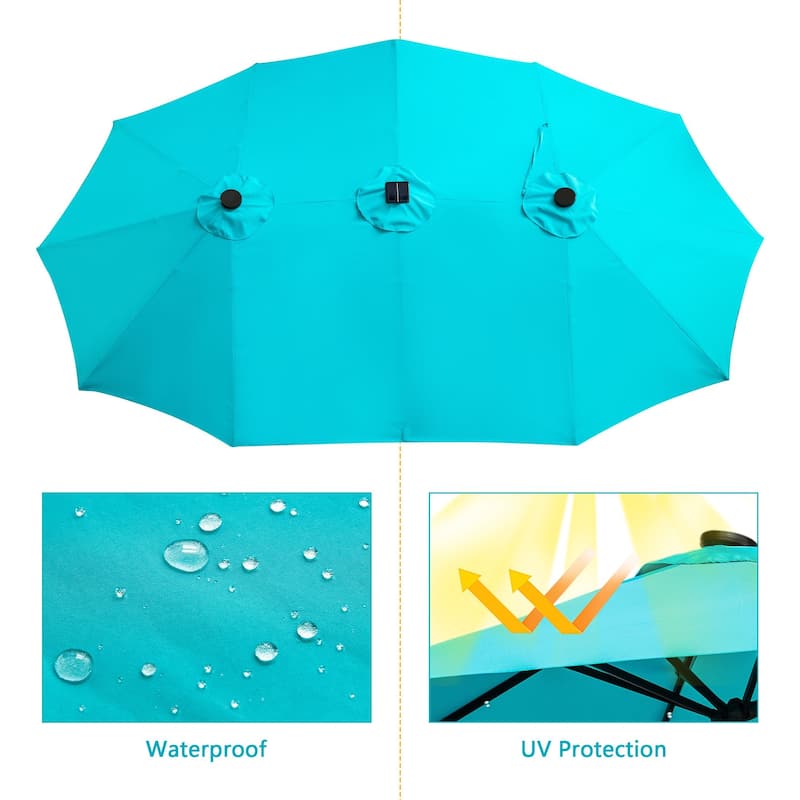 Ainfox 15ft Double-Sided Patio Umbrella with Base Large Outdoor Umbrella with LED Solar Lights