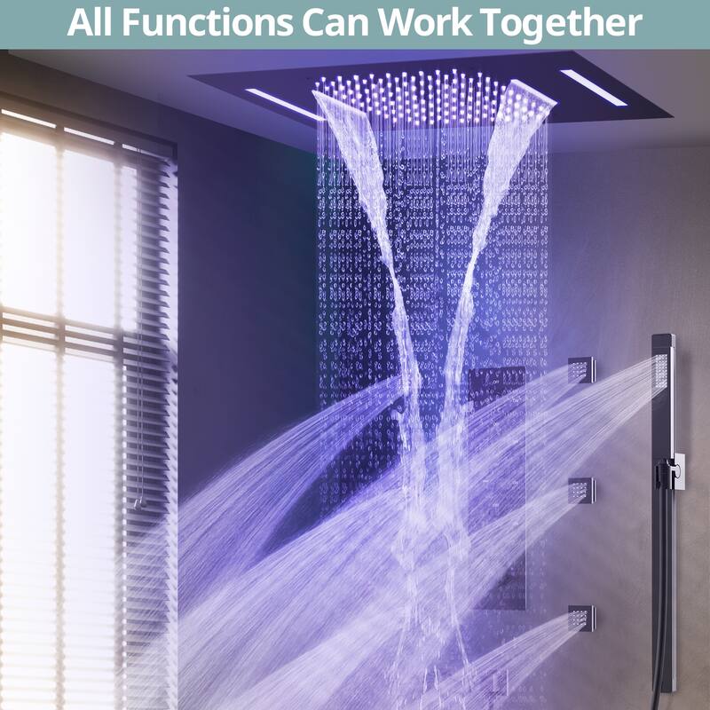 64 LED Thermostatic Shower Faucet 22"x15" Rainfall & Waterfall Shower System 5 Way Digital Display Valve w/ 6 Body Jets