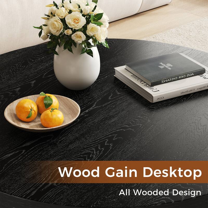 JASIWAY Black Wood Round Coffee Table with Fluted Legs