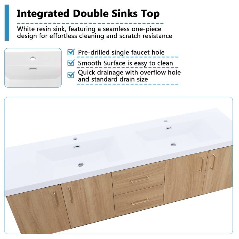 AlbyonD 72" 84" Floating Bathroom Vanity with Sink and Faucet, Natural Oak