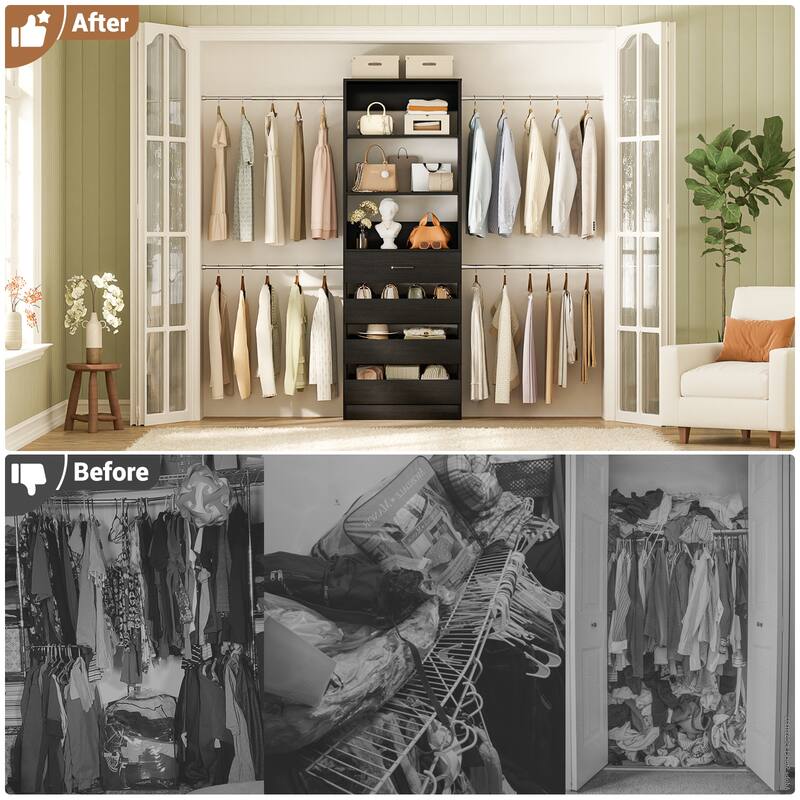 Modular Closet System Wardrobe Organizer 4 Adjustable Hanging Rods + 4 Wooden Drawers, Space-Saving for 4-9Ft Closets