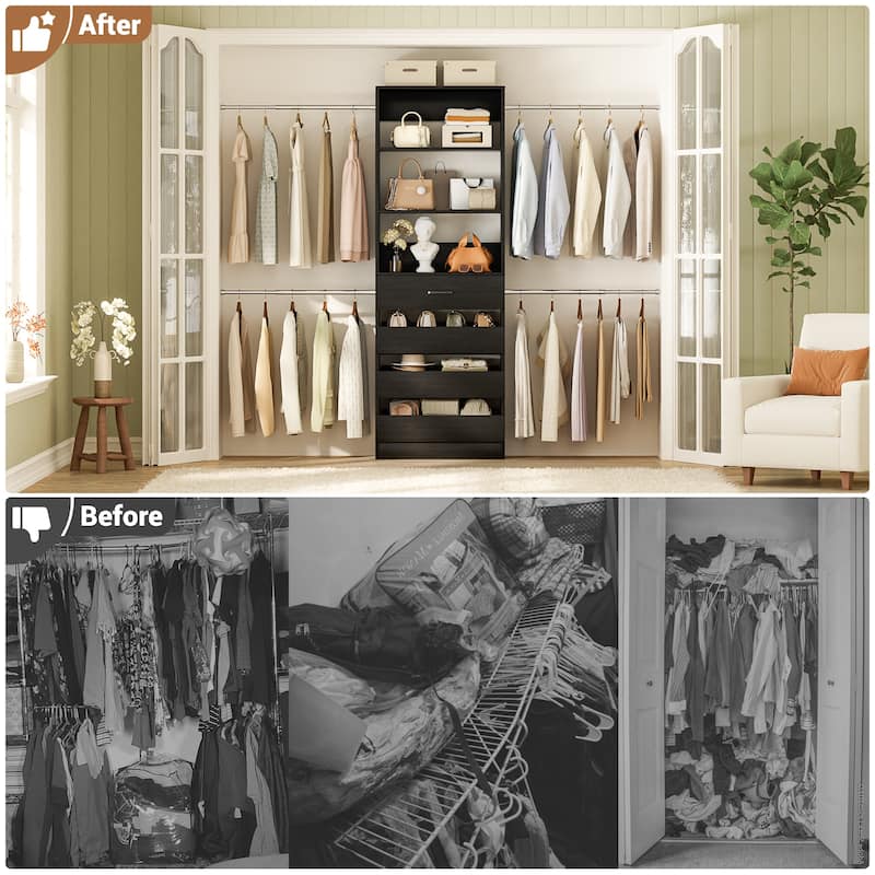 Rackcog 74''-115'' Closet System with 4 Wooden Drawers and 4 Hanging Rods, Sturdy Closet Organizer for Walk-in/Reach-in Closet