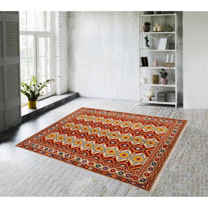 Bohemian Balochi Cannon Beige/Red Hand Knotted Wool Rug - 5'0'' x 6'8''