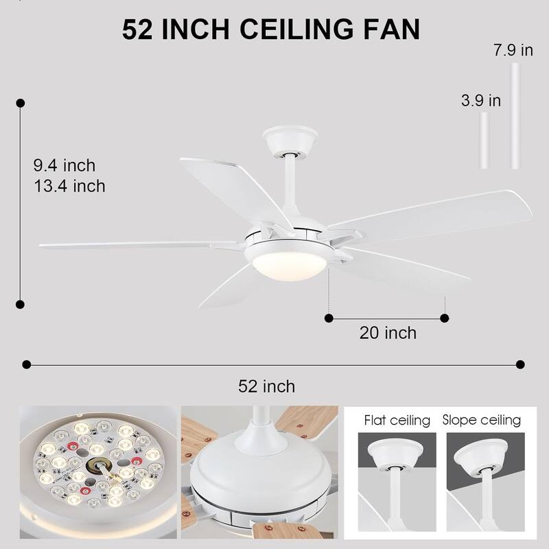 52" Downrod Ceiling Fan with Light and Remote,Reversible DC Motor,5 Plywood Dual Side Blades - 52 Inches