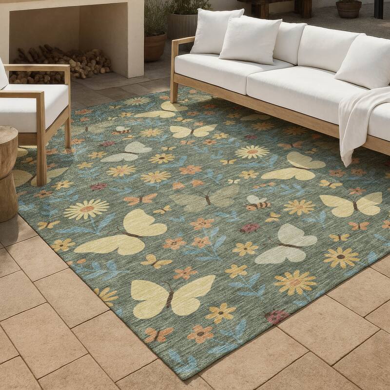 Machine Washable Indoor/ Outdoor Whimsy Butterfly Chantille Rug - Basil - 3' x 5'