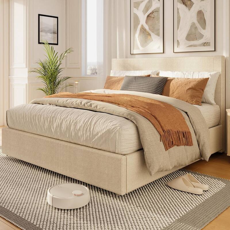 Full/Queen/King Size Bed Frame with Tufted Wingback Headboard, Platform Corduroy Upholstered Bed Frame with 4 Drawers