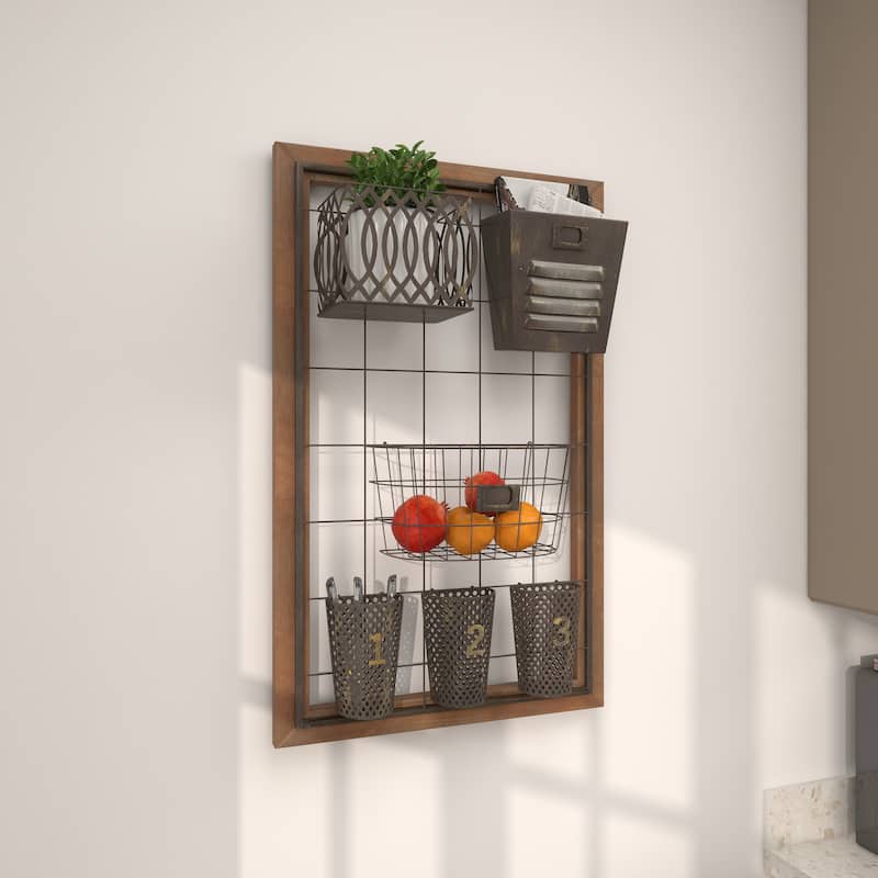 Brown Metal 1 Slot and 5 Baskets Magazine Rack Holder with Suspended Baskets and Label Slot