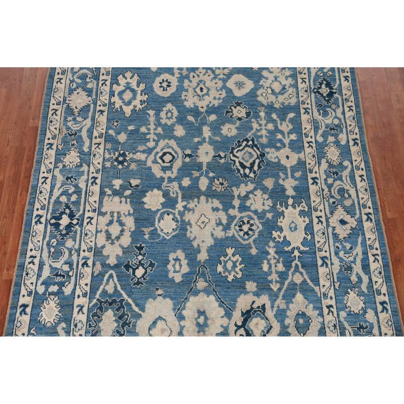 Hand Knotted Oriental 100% Wool Carpet Transitional All-Over Navy Blue & Blues Oushak Area Rug - 9' 4'' X 6' 4''