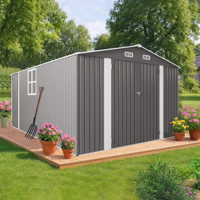 10x14 FT Outdoor Metal Storage Shed, Durable Garden Shed with Three Lockable Doors and Clear Window, All-Weather Shelter - Grey