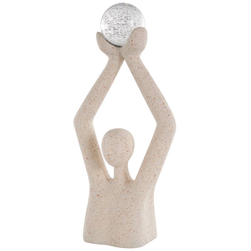Cream Polystone Abstract Textured People Decorative Sculpture with Clear Glass Ball and Gold Speckles