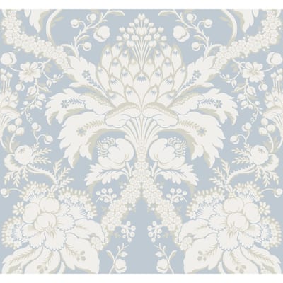 Forbach Blue Sure Strip Prepasted Damask French Artichoke Dam Wallpaper Covers about 60.75 sq. ft.