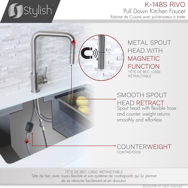 STYLISH Kitchen Sink Faucet Single Handle Pull Down Dual Mode in Stainless Steel - Faucet Height: 14 3/8" | Spout Height: 7 7/8"