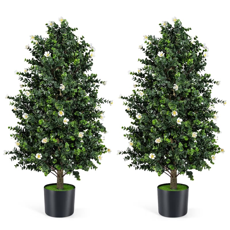 Gymax 2 Pack 36'' Artificial Topiary Cone Tree w/49 Flowers - 2PCS Green, White & Black