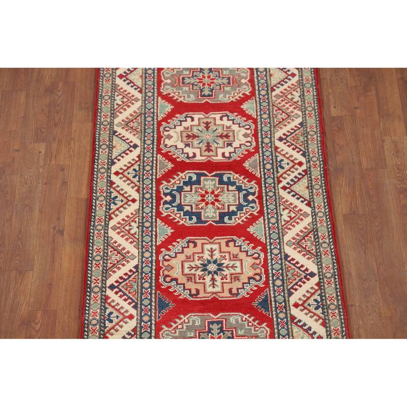 Geometric Kazak Runner Rug Handmade Wool Carpet - 2'7" x 10'7"