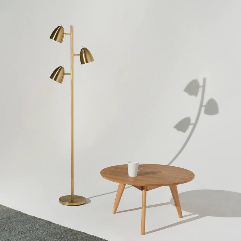 Brightech Jacob 64 in. Antique Brass Mid-Century Modern 3-Light Adjustable LED Floor Lamp with 3 Brass Metal Cone Shades