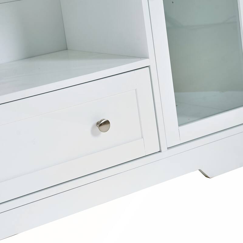Modern White Storage Cabinet with Glass Doors Shelves Drawer