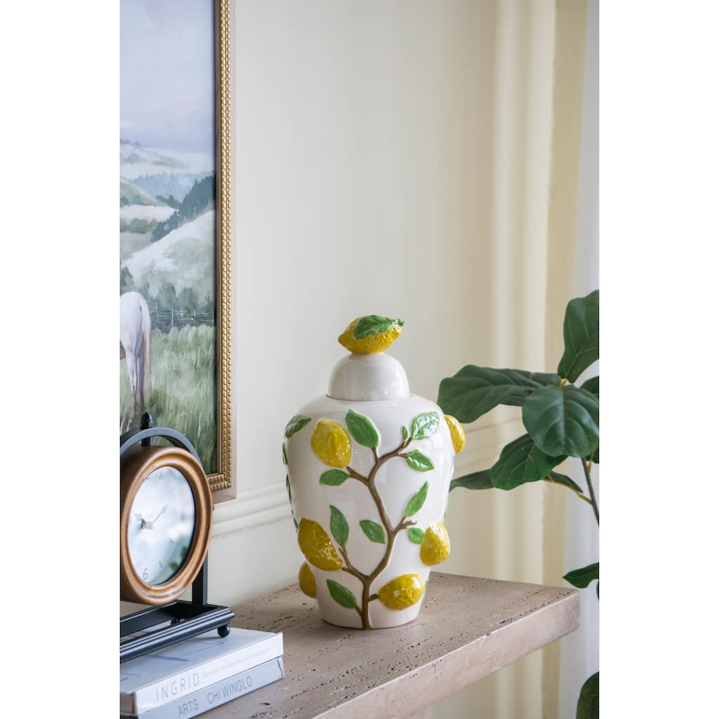 8.7x8.7x15" White Ceramic Lidded Jar with Playful Lemon Design