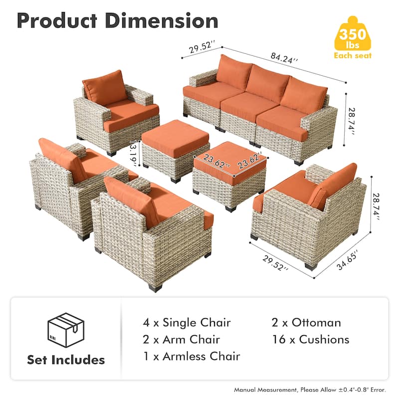 OVIOS 9 Pieces T shaped Seat Wide Armrest Set With Ottoman