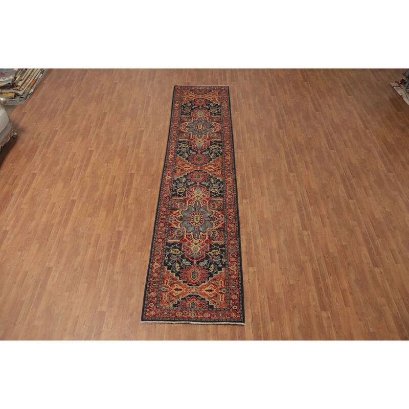 Hand Knotted Oriental 100% Wool Carpet Traditional Geometric Navy Blue & Blues Heriz (serapi) Runner Rug - 14' 8'' X 3' 3''