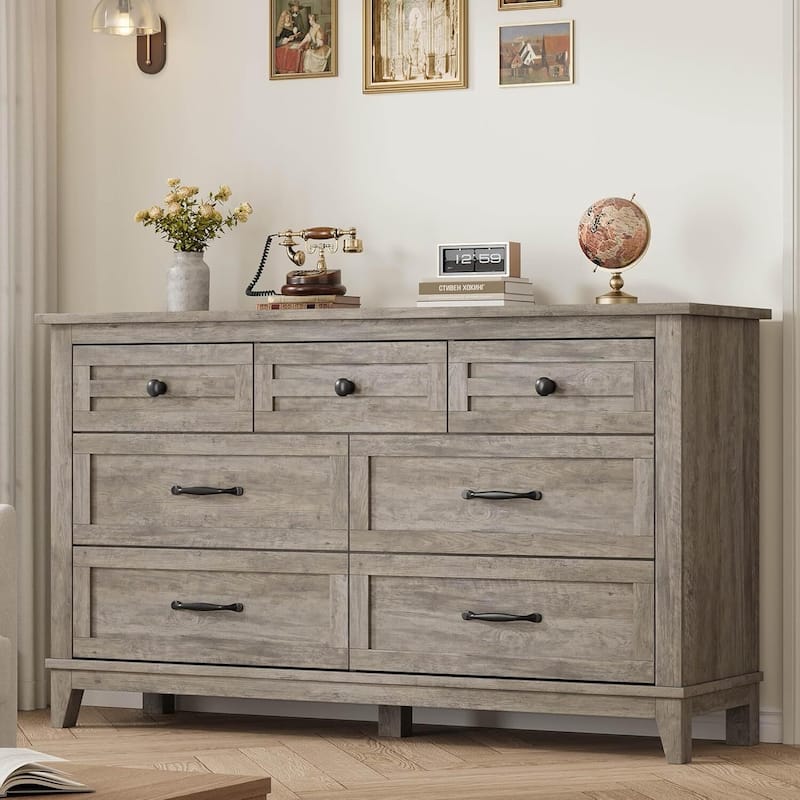 54 in 7 Drawer Wide Dresser with Storage for Living Room, Bedroom - Grey