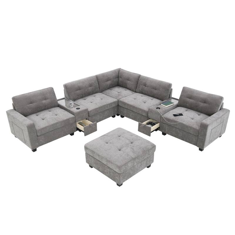 L-shape Chenille Sectional Sofa with 2 Acrylic Consoles Table Top, USB Charger, 2 Drawers, Pockets and Ottoman for Living Room
