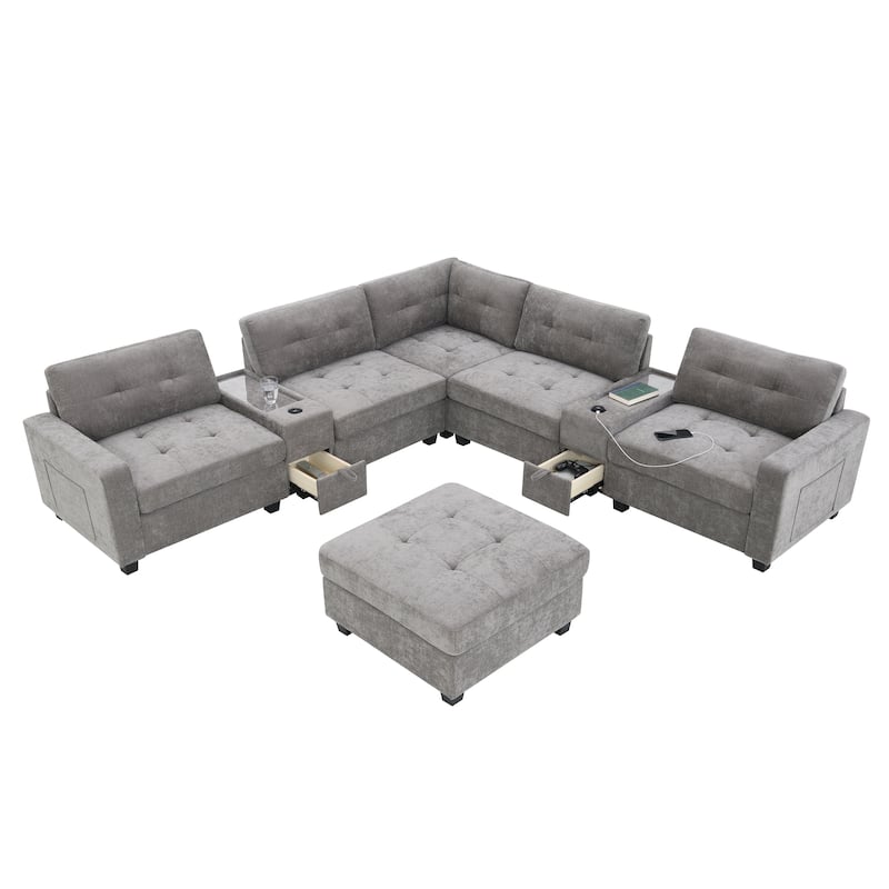 U Shaped Sectional Couch Set w/ USB Charger, Storage Drawers & Pockets