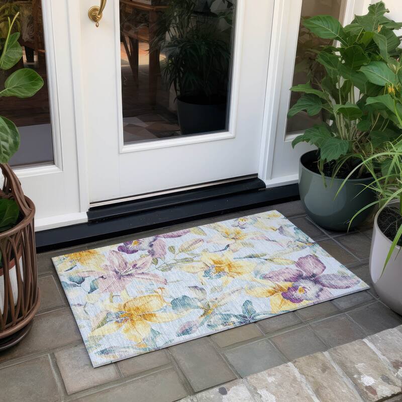 Machine Washable Indoor/ Outdoor Modern Floral Chantille Rug - Sky - 1'8" x 2'6"