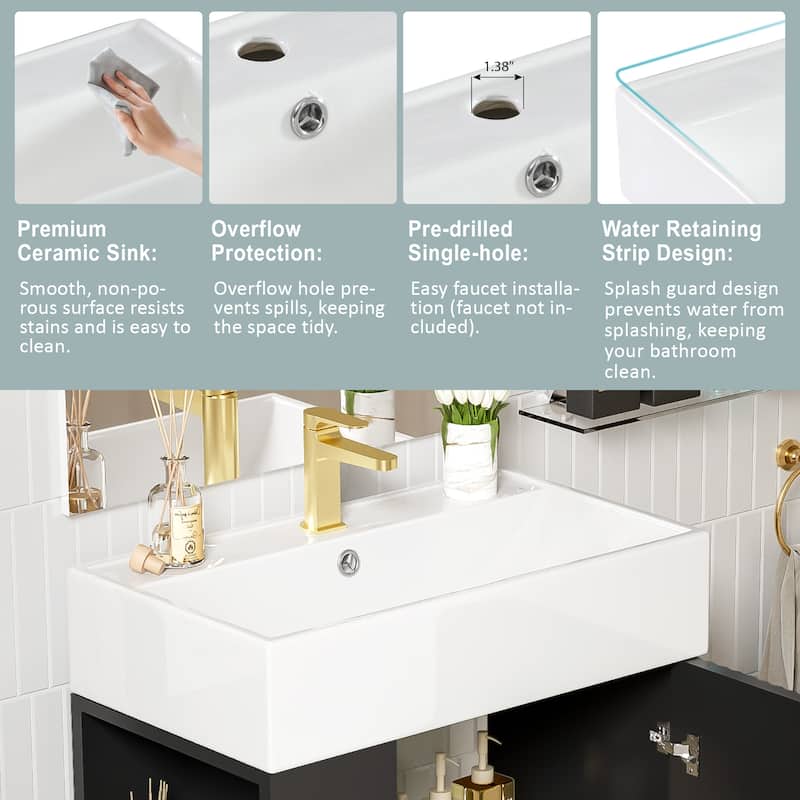 21.6" Bathroom Vanity with Sink, Left Side Storage Pocket, Ceramic Basin, Gold Legs, Modern Freestanding Cabinet