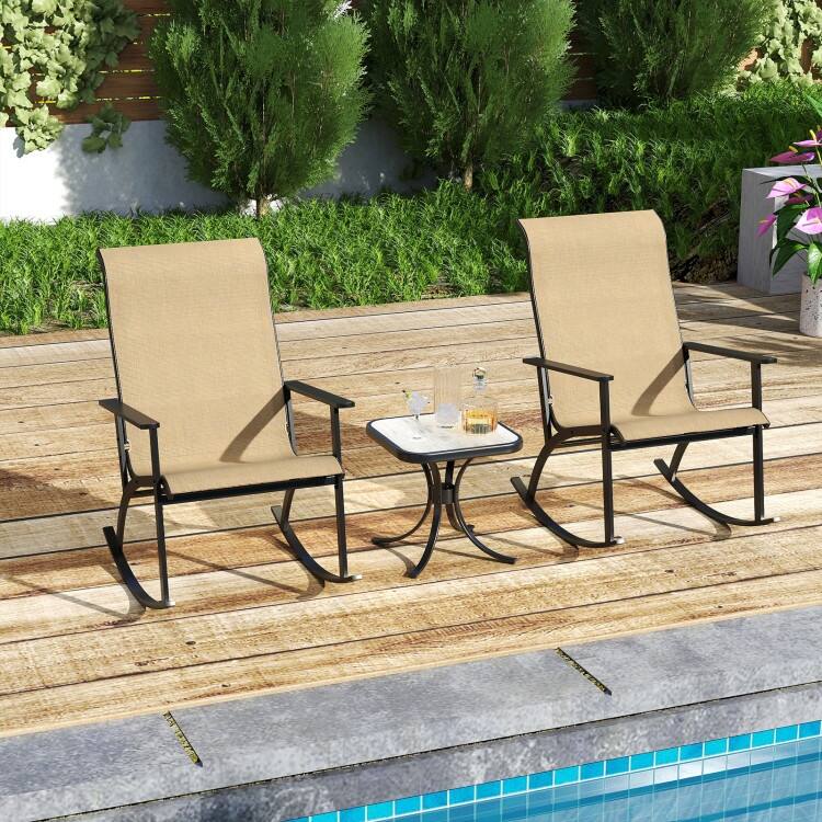 Black-Brown Metal Patio Rocking Chair Set with Side Table and Fabric - Chair: 34" x 25.5" x 41"