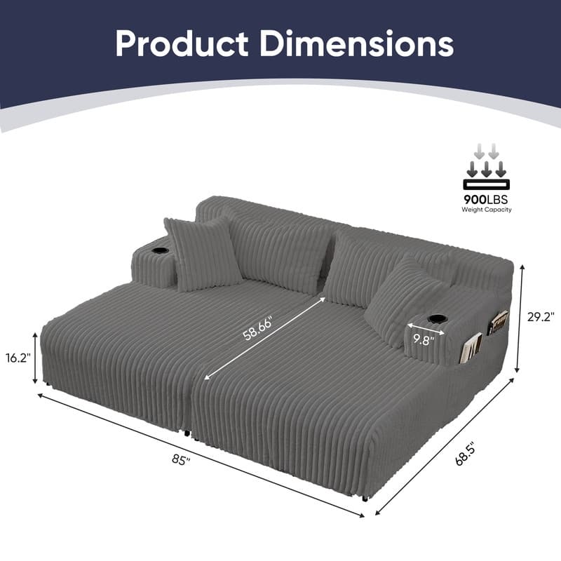 Mixoy 85"Movable Double Chaise Lounge Sofas,Loveseat with Cup Holder,Side Pockets,2 Pcs Oversized Single Sleeper Sofa Chair