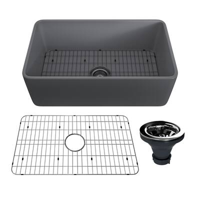 30-in Single Bowl Matte Gray Farmhouse Apron Front Fireclay Kitchen Sink With Grid and Drainer