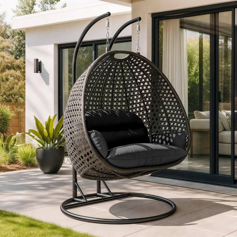 LeisureMod 2-Person Charcoal Wicker Egg Swing - Includes Metal Stand & Cushions - Modern Double Patio Lounger