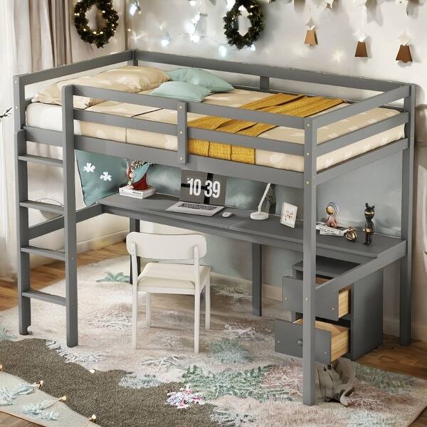 slide 2 of 20, Twin Loft Wood Bed.Under-bed Built-in Desk and Storage Cabinet,Classic Wooden Bed Down Table Grey