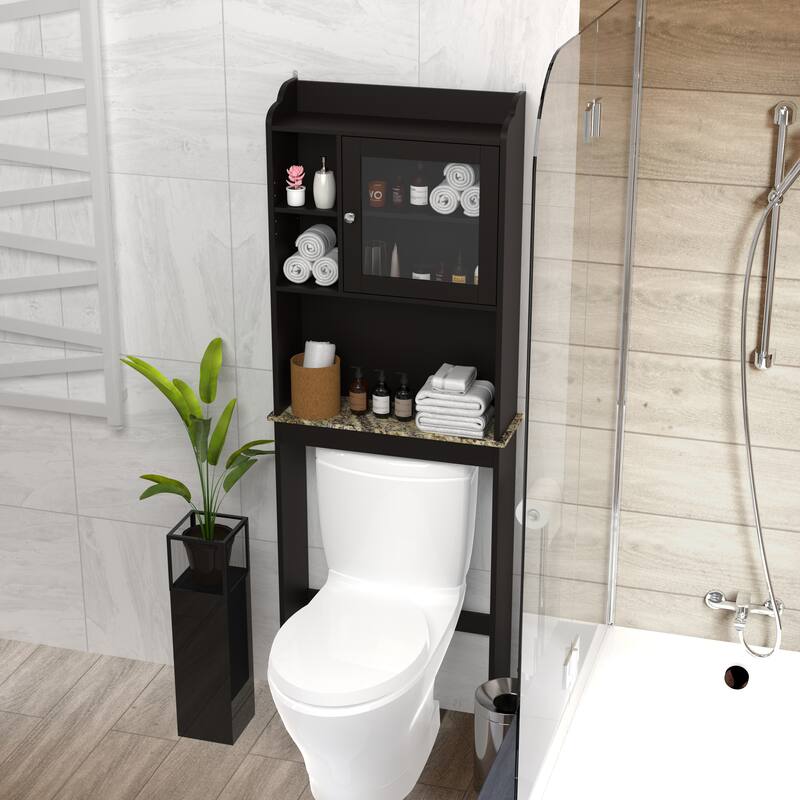 Over The Toilet Storage Cabinet with Open Shelves, Side Floor Organizer Toilet Paper Cabinet with Glass Door - Espresso
