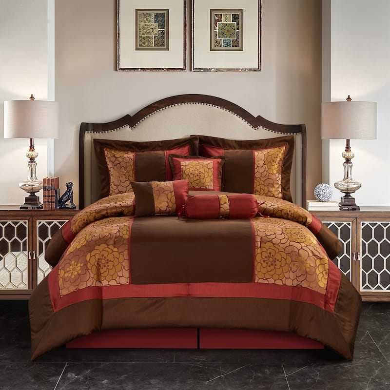 Nanshing Hermonie Floral 7-Piece Bedding Comforter Set - Red/Brown - Queen