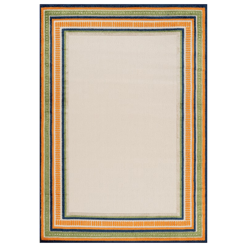 World Rug Gallery Indoor/Outdoor High-Low Textured Area Rug, Coastal Border Easy-Clean Patio Rug