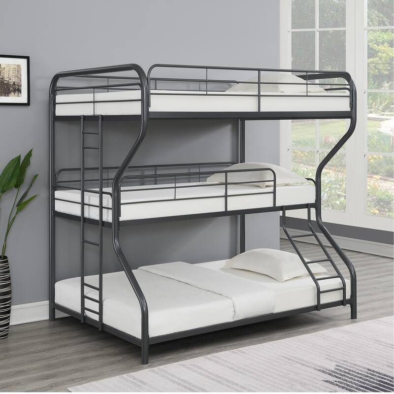 Modern Triple Bunk Bed, FULL/Twin/FULL, Black SpaceSaving Design, Sturdy Steel Structure
