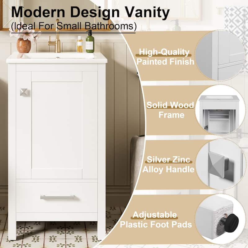 18" Small Bathroom Vanity with Ceramic Sink, Freestanding Storage Cabinet with Soft Close Drawer and Door, Adjustable Shelf