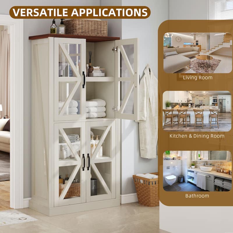 Moasis 66" Tall Freestanding Kitchen Pantry Cabinet with Glass Doors