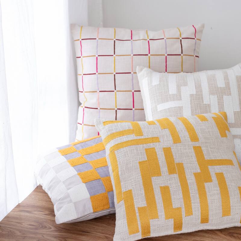 Handwoven Checkered Grid Throw Pillow - 20" - White