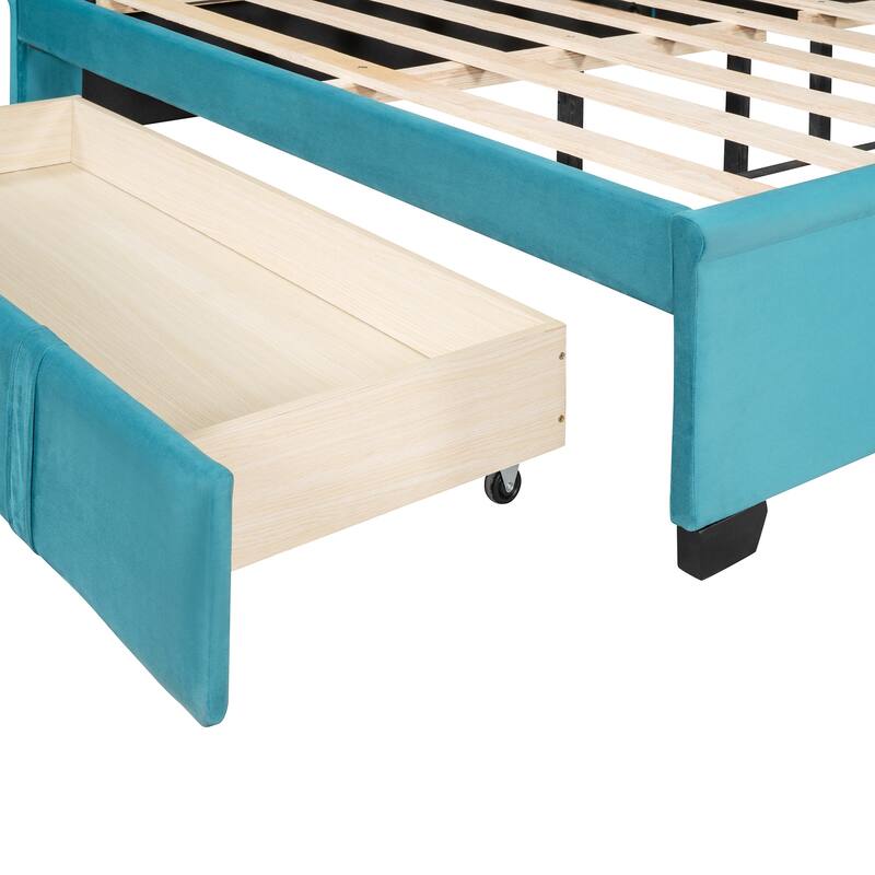 Velvet Upholstered Bed Platform Bed Frame Queen Size Wingback Bed with Tufted Headboard and Large Storage Drawer